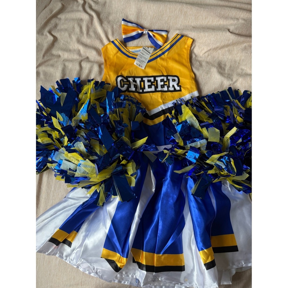 Yellow and Blue Kids Cheerleader Costume with Pom Poms